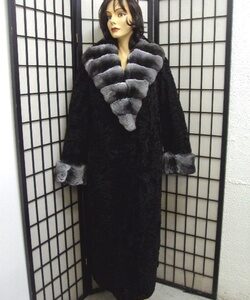 REFURBISHED NEW BLACK SWAKARA FUR COAT JACKET W/ RANCH CHINCHILLA WOMEN WITH BELT
