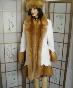 BRAND NEW WHITE SHEARED BEAVER & RED FOX FUR COAT WOMEN WOMAN