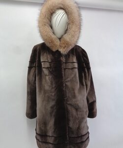 BRAND NEW BROWN SHEARED BEAVER MINK & FOX FUR COAT WITH HOOD WOMEN WOMAN
