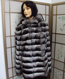 BRAND NEW RANCHED CHINCHILLA FUR COAT JACKET WITH HOOD WOMEN WOMAN