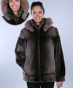 BRAND NEW SHEARED BEAVER FUR JACKET COAT W/ HOOD FOX TRIM MINK WOMEN WOMAN