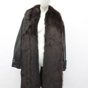 MINT BROWN FOX FUR TRIMMED BLACK LEATHER COAT JACKET WOMEN WOMAN SIZE 4-6 SMALL