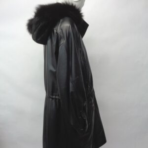 EXCELLENT BLACK LEATHER & RABBIT FUR JACKET COAT WOMEN WOMAN SIZE 10-12 W/HOOD