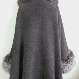 BRAND NEW DARK BROWN WOOL & FOX FUR CAPE SHAWL WRAP W/HOOD WOMEN WOMAN 36"