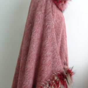 BRAND NEW PINK/RED WOOL & FOX FUR CAPE SHAWL WRAP W/HOOD WOMEN WOMAN 36"