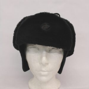EXCELLENT BLACK FAUX FUR & BLUE CLOTH HAT MEN MAN SIZE 23.5" LARGE