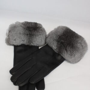 Brand New Chinchilla Fur & Black Leather Gloves Women Woman Size L