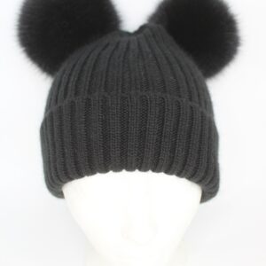 BRAND NEW BLACK KNITTED HAT W/FOX FUR POMPOMS WOMEN WOMAN ONE SIZE