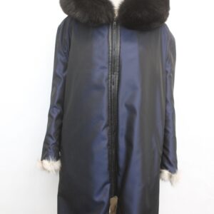 BRAND NEW MADE TO MEASUREMENT NORWEGIAN / BLUE FOX FUR LINING WITH BLUE RAINCOAT WOMEN WOMAN SIZE ALL W/ HOOD BLACK FOX TRIM