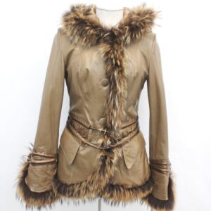 EXCELLENT BROWN LEATHER & FINN RACCOON TRIMS FUR JACKET COAT WOMEN WOMAN SIZE 2