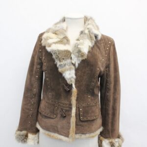 EXCELLENT BROWN SUEDE W/ RABBIT TRIMS FUR JACKET COAT WOMEN WOMAN SZ 2-4 PETITE