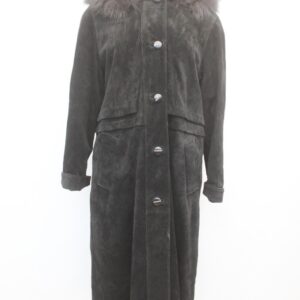 EXCELLENT BLACK SUEDE & FOX FUR COAT JACKET WOMEN WOMAN SIZE 6 SMALL HOOD