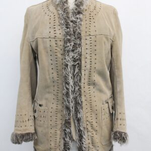 MINT BEIGE SUEDE W/ GRAY LAMB FUR JACKET COAT WOMEN WOMAN SIZE 2 MINIMUM SIZE