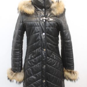 EXCELLENT BLACK LEATHER W FINN RACCOON FUR COAT JACKET WOMEN WOMAN SZ 2-4 PETITE