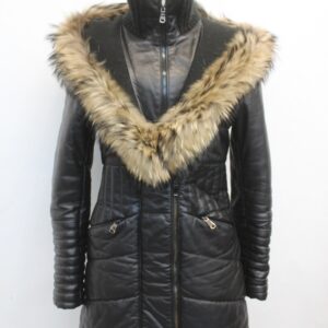 EXCELLENT BLACK LEATHER W FINN RACCOON FUR JACKET COAT WOMEN WOMAN SZ 2-4 PETITE