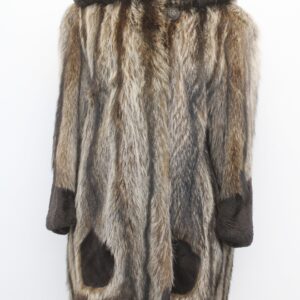 EXCELLENT RACCOON & BROWN SHEARED BEAVER FUR COAT WOMEN WOMAN SIZE 8 M W/HOOD