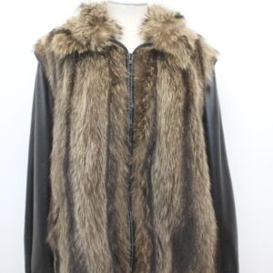 EXCELLENT RACCOON FUR & BLACK LEATHER JACKET COAT MEN MAN SIZE 42 LARGE
