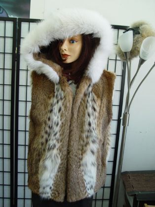White Beige Lynx Fur Jacket with Hood for Women