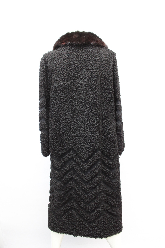 Black Persian Lamb Fur Coat with Pastel Mink Fur Collar - Size S