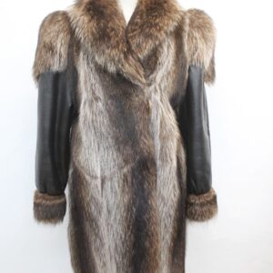 EXCELLENT RACCOON RACOON FUR COAT JACKET W/ BLACK LEATHER SLEEVES SIZE 6 SMALL
