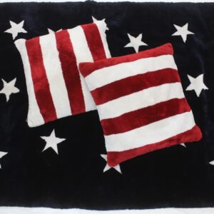 BRAND NEW AMERICAN FLAG DESIGN SHEARED BEAVER FUR BLANKET &  CUSHIONS 3 PCS SET