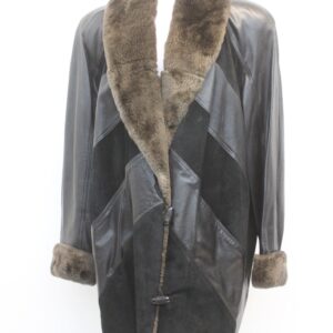 EXCELLENT BLACK SHEARED RABBIT FUR LINED LEATHER COAT JACKET WOMEN WOMAN 10-12