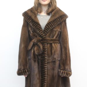 EXCELLENT 2-TONE DESIGN DEMI BUFF MINK FUR COAT WOMEN SIZE 6 SMALL W/HOOD