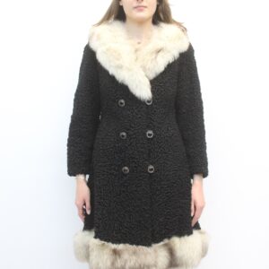 EXCELLENT BLACK CURLY LAMB & FOX FUR COAT WOMEN SIZE 2 PETITE